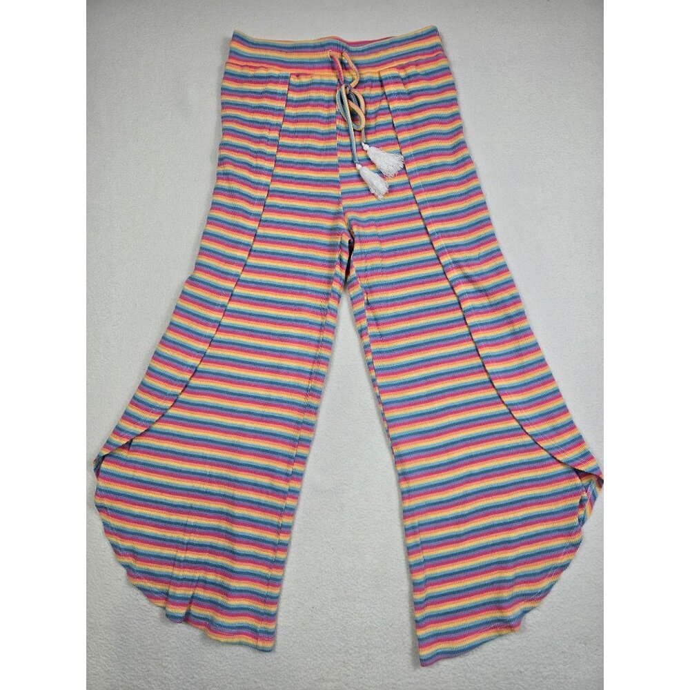 Pastel Rainbow Striped Wide Leg Crop Pants With Tassel Drawstring Palazzo